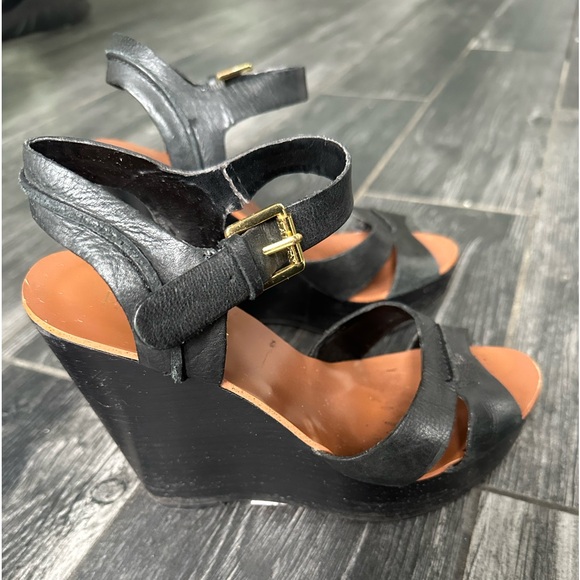Lauren Ralph Lauren Women’s Leather  Black Wedge Sandals Size 6.5 - Picture 1 of 13